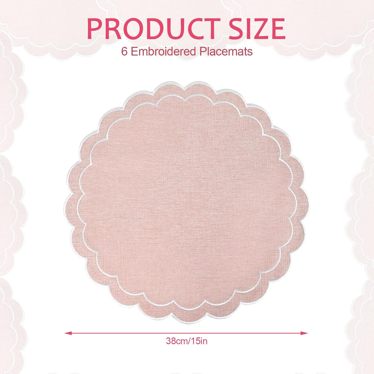 Set of 6 Cotton Linen Placemats, 15 Inch Scalloped Flower Embroidery Cloth Table Mats Double Layered Fabric Machine Washable Wrinkle Free Dining Placemat for Hotel Restaurant Kitchen, Pink
