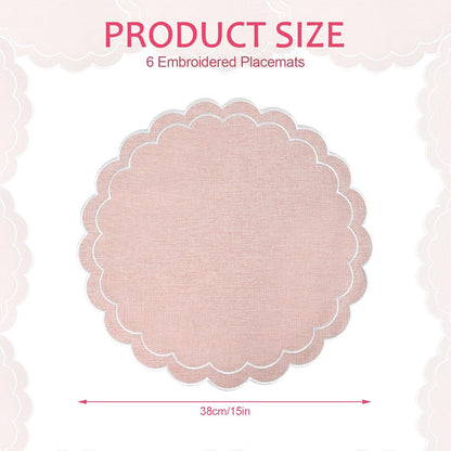 Set of 6 Cotton Linen Placemats, 15 Inch Scalloped Flower Embroidery Cloth Table Mats Double Layered Fabric Machine Washable Wrinkle Free Dining Placemat for Hotel Restaurant Kitchen, Pink