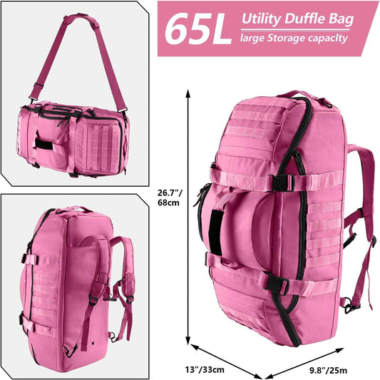 65L Large Duffle Bag, 3-in-1 Tactical Backpack MOLLE Pack for Sports, Gym, Outdoor, Pink