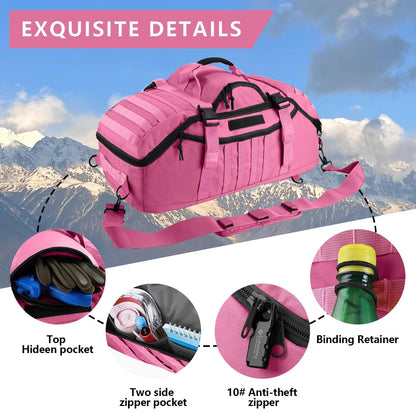 65L Large Duffle Bag, 3-in-1 Tactical Backpack MOLLE Pack for Sports, Gym, Outdoor, Pink