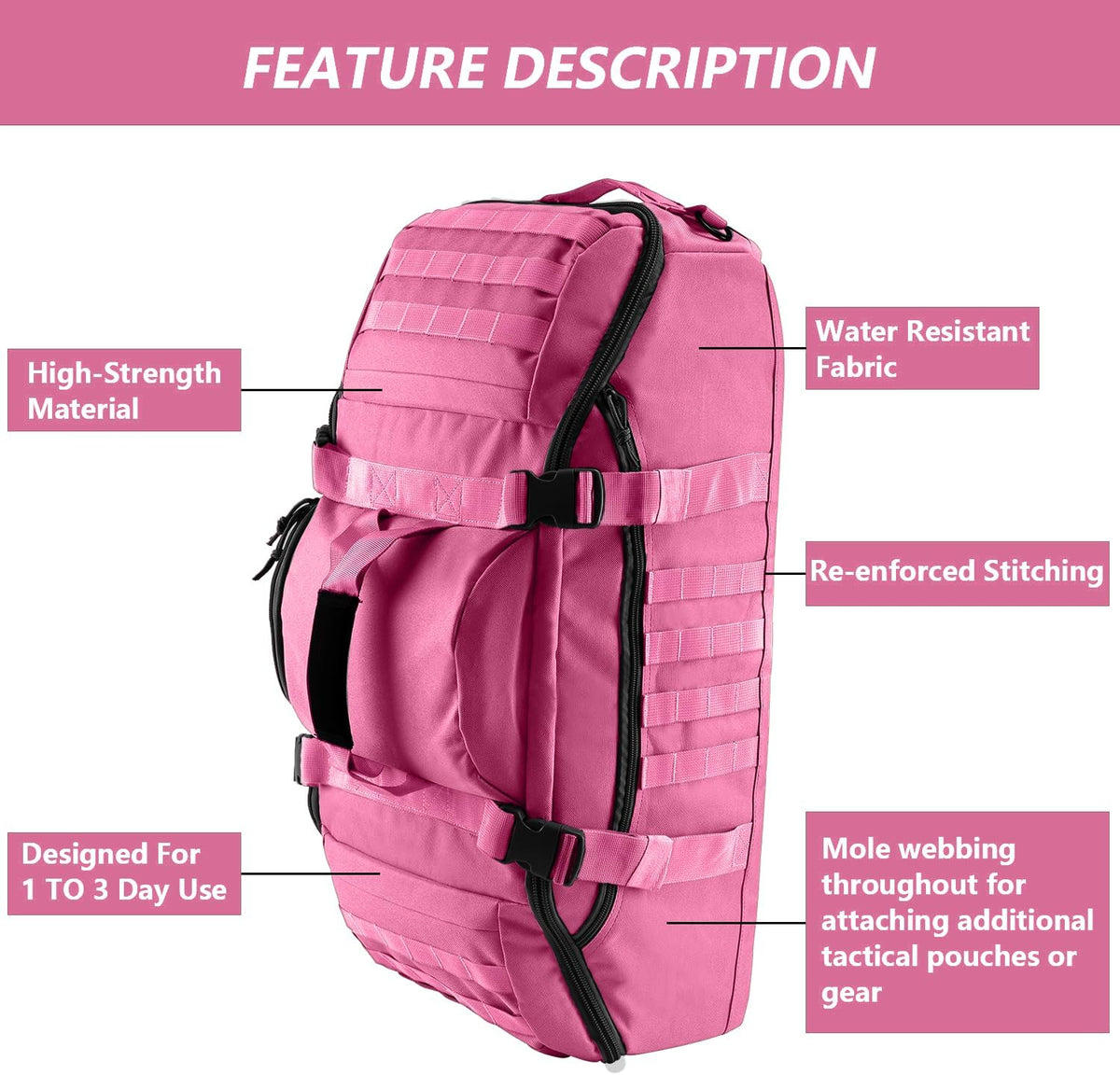 65L Large Duffle Bag, 3-in-1 Tactical Backpack MOLLE Pack for Sports, Gym, Outdoor, Pink