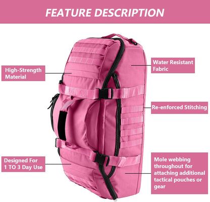 65L Large Duffle Bag, 3-in-1 Tactical Backpack MOLLE Pack for Sports, Gym, Outdoor, Pink