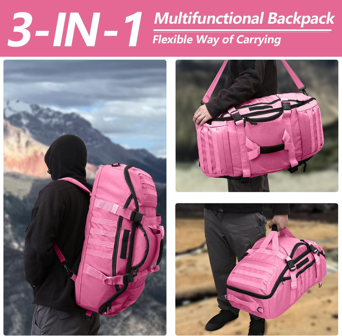 65L Large Duffle Bag, 3-in-1 Tactical Backpack MOLLE Pack for Sports, Gym, Outdoor, Pink