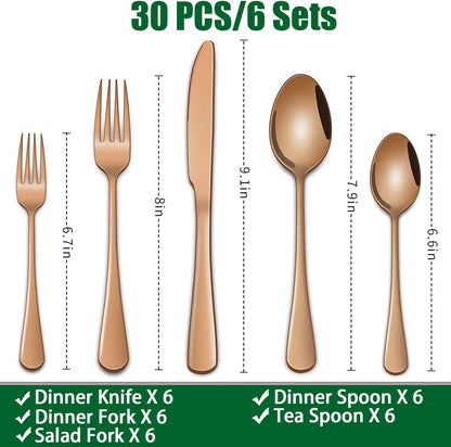 Rose Gold 30-Piece Flatware Sets Service For 6,Pink Silverware Set Includes Knife Spoon And Forks Eating Utensils Sets For Kitchen,Metal Cutlery Set Tableware Sets