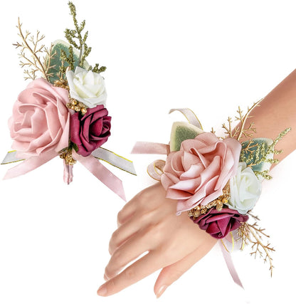 Blush Pink Wrist Corsage Wristlet and Boutonniere Set for Wedding Bridesmaid Mother Grandmother for Bridal Shower Wedding Artificial Roses Flower Prom