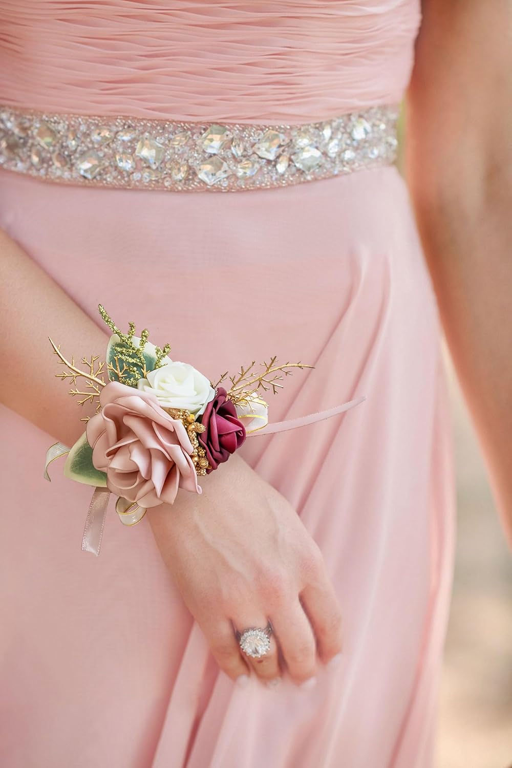 Blush Pink Wrist Corsage Wristlet and Boutonniere Set for Wedding Bridesmaid Mother Grandmother for Bridal Shower Wedding Artificial Roses Flower Prom