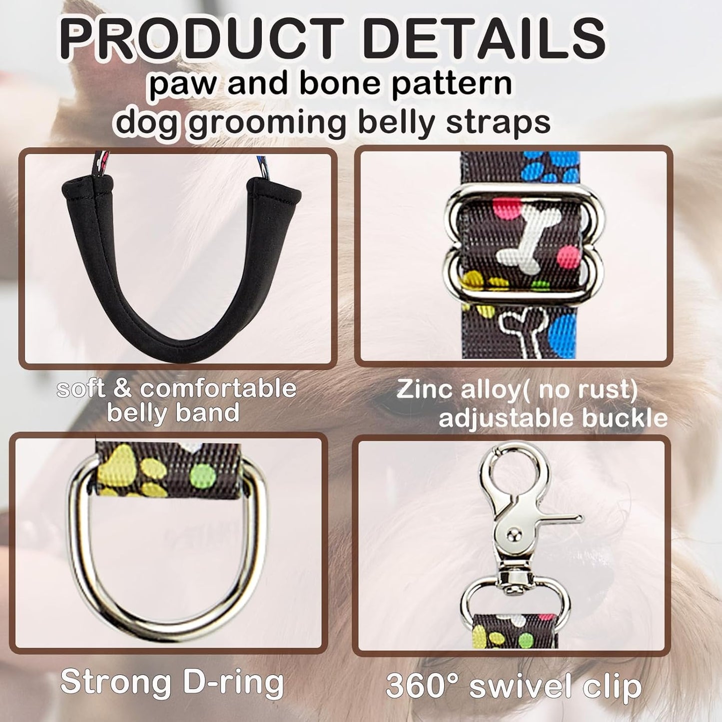 Dog Grooming Belly Straps – Adjustable Grooming Loops with Cute Paw & Bone Pattern – Pet Grooming Belly Support Band Table Accessories Restraint Noose for Small to Large Dogs(Black)