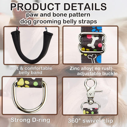 Dog Grooming Belly Straps – Adjustable Grooming Loops with Cute Paw & Bone Pattern – Pet Grooming Belly Support Band Table Accessories Restraint Noose for Small to Large Dogs(Black)
