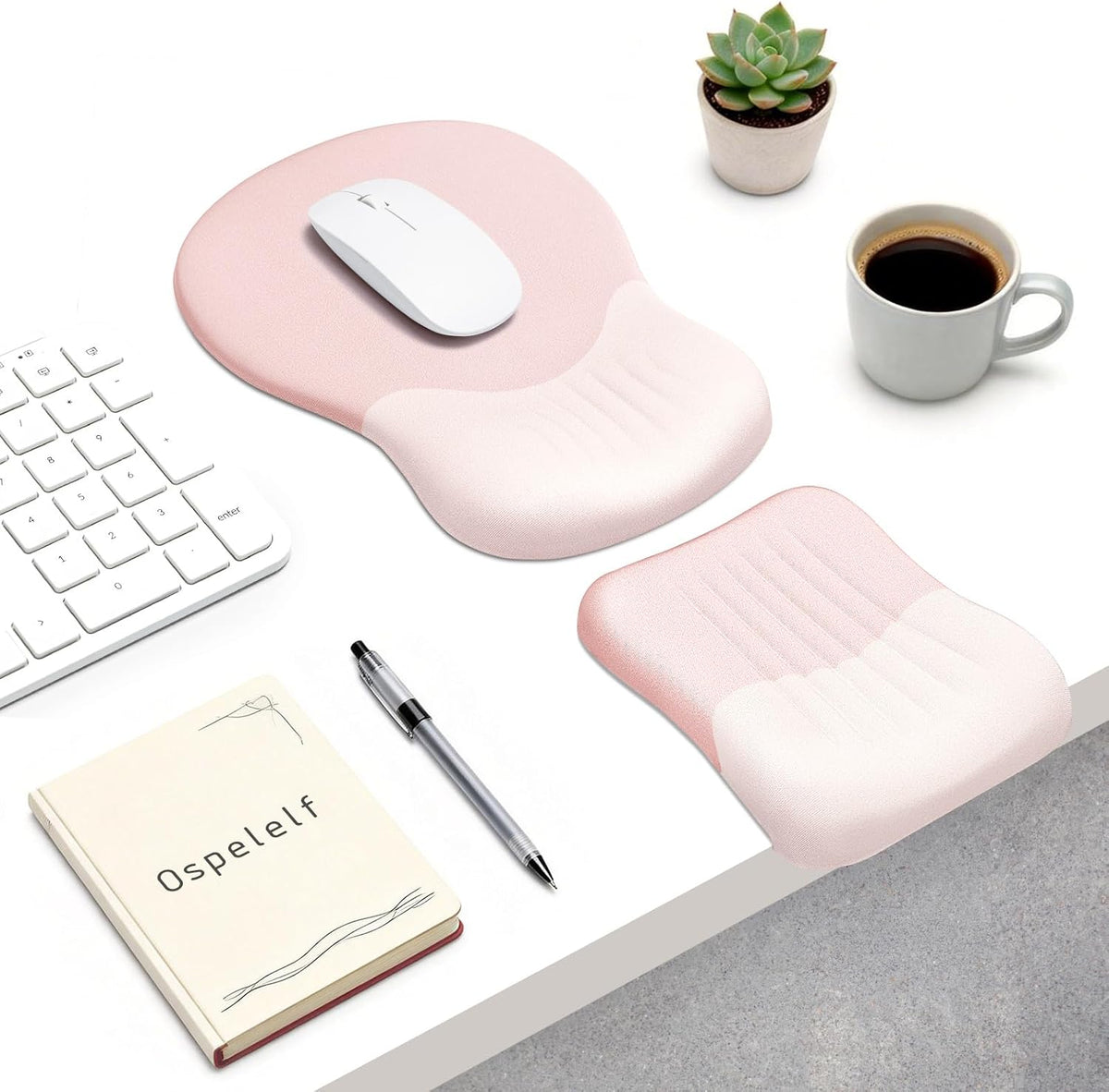 Ospelelf Mouse Pad with Wrist Rest Set Foam L-Shaped Desk Elbow Pad Ergonomic Desk Edge Cushion Anti-Slip Rubber Bottom Office Women Desk Accessories for Computer, Laptop and Gaming, Pink