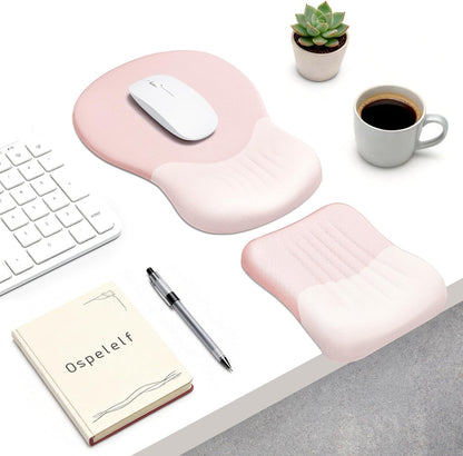 Ospelelf Mouse Pad with Wrist Rest Set Foam L-Shaped Desk Elbow Pad Ergonomic Desk Edge Cushion Anti-Slip Rubber Bottom Office Women Desk Accessories for Computer, Laptop and Gaming, Pink