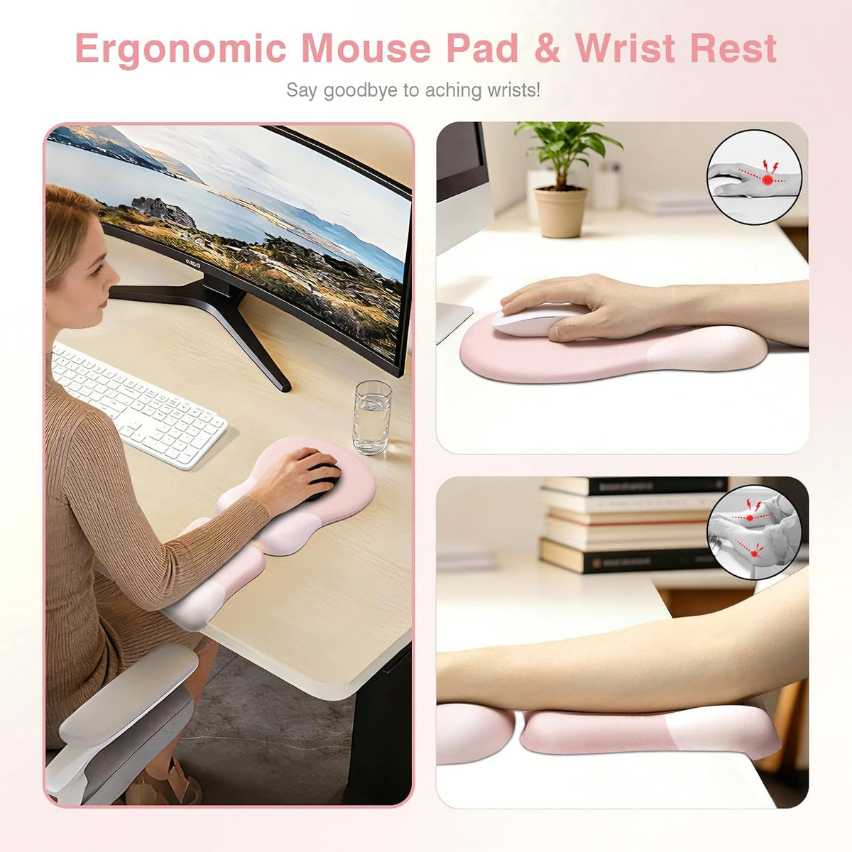 Ospelelf Mouse Pad with Wrist Rest Set Foam L-Shaped Desk Elbow Pad Ergonomic Desk Edge Cushion Anti-Slip Rubber Bottom Office Women Desk Accessories for Computer, Laptop and Gaming, Pink