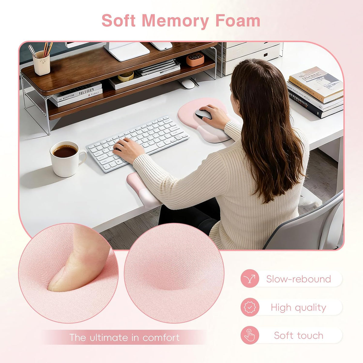 Ospelelf Mouse Pad with Wrist Rest Set Foam L-Shaped Desk Elbow Pad Ergonomic Desk Edge Cushion Anti-Slip Rubber Bottom Office Women Desk Accessories for Computer, Laptop and Gaming, Pink
