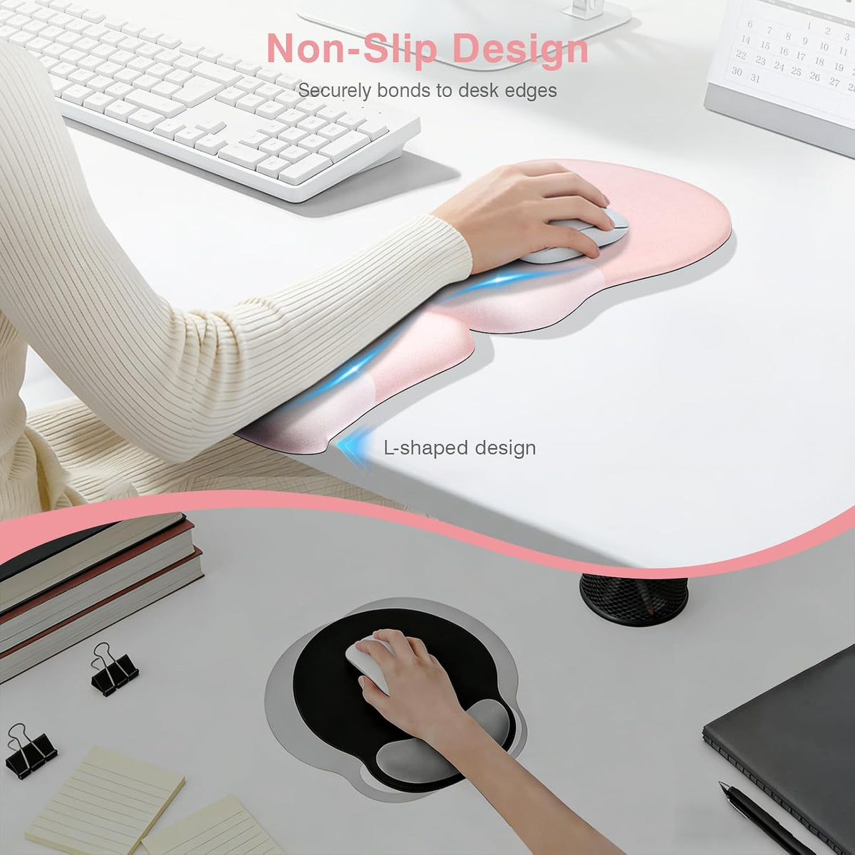 Ospelelf Mouse Pad with Wrist Rest Set Foam L-Shaped Desk Elbow Pad Ergonomic Desk Edge Cushion Anti-Slip Rubber Bottom Office Women Desk Accessories for Computer, Laptop and Gaming, Pink