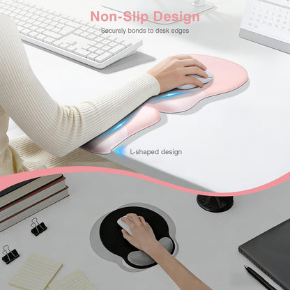 Ospelelf Mouse Pad with Wrist Rest Set Foam L-Shaped Desk Elbow Pad Ergonomic Desk Edge Cushion Anti-Slip Rubber Bottom Office Women Desk Accessories for Computer, Laptop and Gaming, Pink