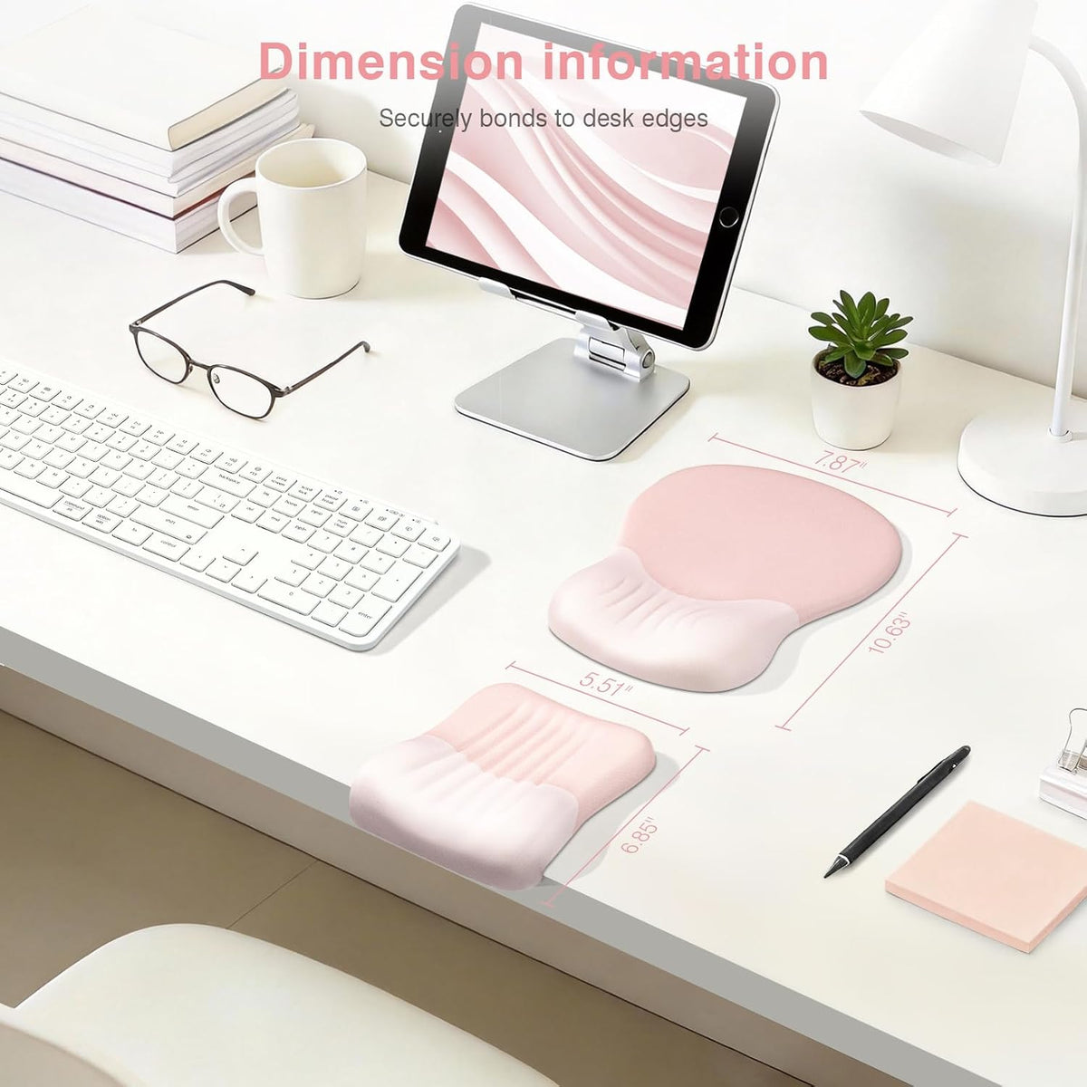 Ospelelf Mouse Pad with Wrist Rest Set Foam L-Shaped Desk Elbow Pad Ergonomic Desk Edge Cushion Anti-Slip Rubber Bottom Office Women Desk Accessories for Computer, Laptop and Gaming, Pink
