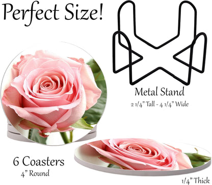 Roses Pink Rose Round Coasters Set of 6 - Abosrbent Ceramic Coasters with Metal Stand for Drinks, Coffee, Non-Slip Cork Back for Tabletop Protection, 4 Inches (Pink)