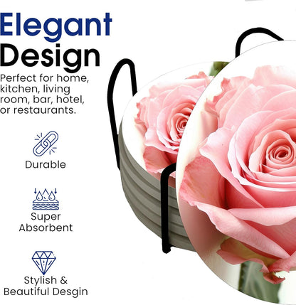 Roses Pink Rose Round Coasters Set of 6 - Abosrbent Ceramic Coasters with Metal Stand for Drinks, Coffee, Non-Slip Cork Back for Tabletop Protection, 4 Inches (Pink)