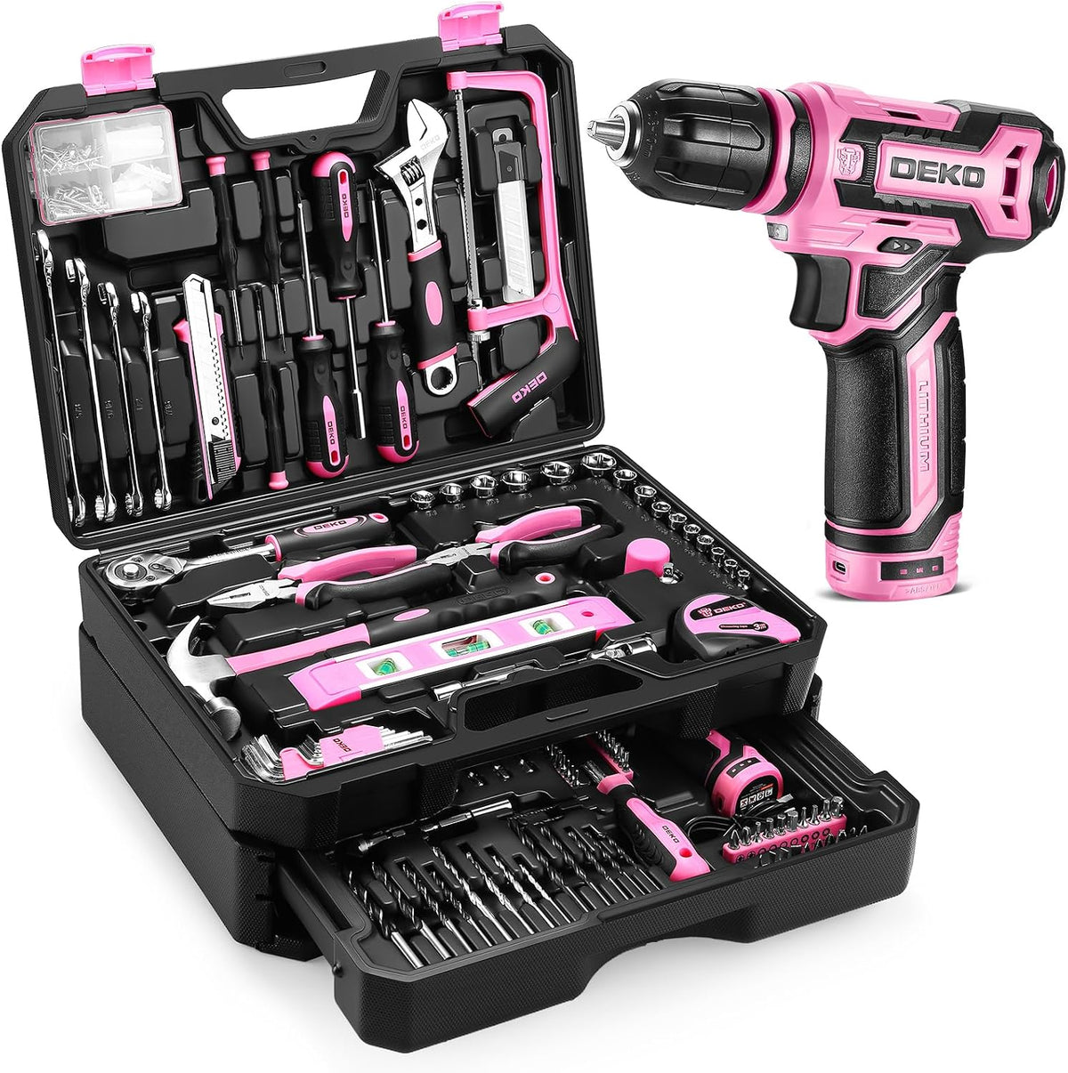Pink Tool Kit Box Drill Set： Home Mechanic Toolbox with 12V Power Cordless Drill Hand Repair Tools Sets Combo Kits Storage Organizer Drawer Case for Men & Women