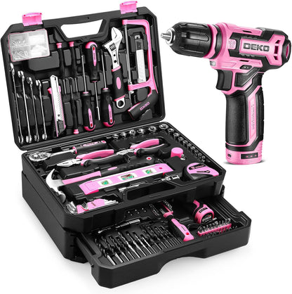 Pink Tool Kit Box Drill Set： Home Mechanic Toolbox with 12V Power Cordless Drill Hand Repair Tools Sets Combo Kits Storage Organizer Drawer Case for Men & Women