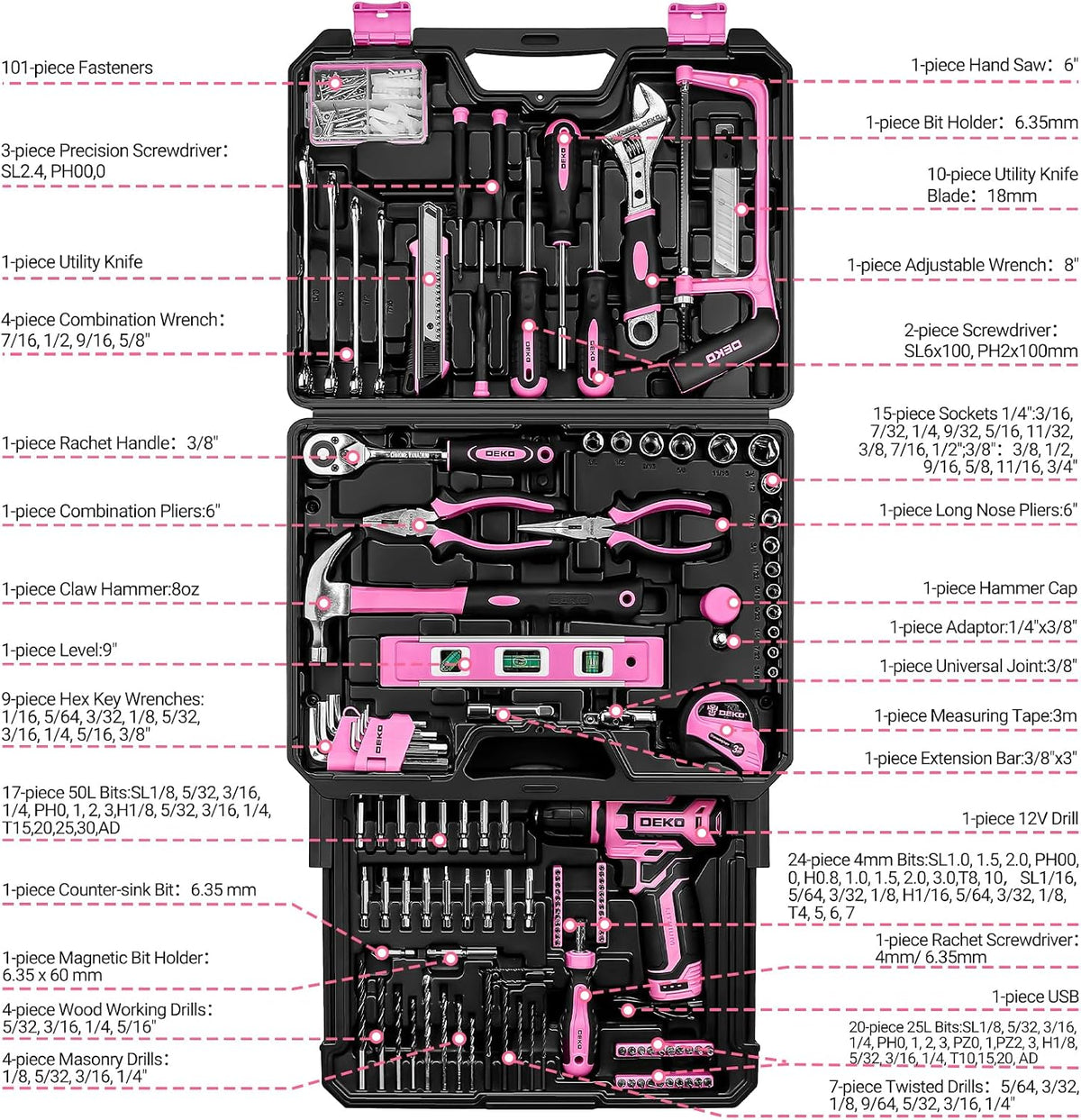 Pink Tool Kit Box Drill Set： Home Mechanic Toolbox with 12V Power Cordless Drill Hand Repair Tools Sets Combo Kits Storage Organizer Drawer Case for Men & Women