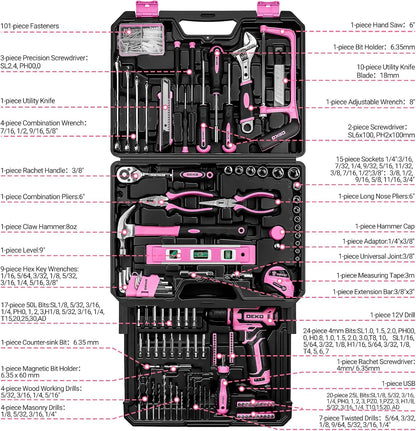 Pink Tool Kit Box Drill Set： Home Mechanic Toolbox with 12V Power Cordless Drill Hand Repair Tools Sets Combo Kits Storage Organizer Drawer Case for Men & Women