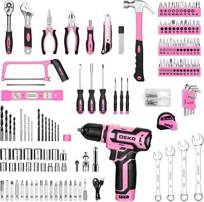Pink Tool Kit Box Drill Set： Home Mechanic Toolbox with 12V Power Cordless Drill Hand Repair Tools Sets Combo Kits Storage Organizer Drawer Case for Men & Women