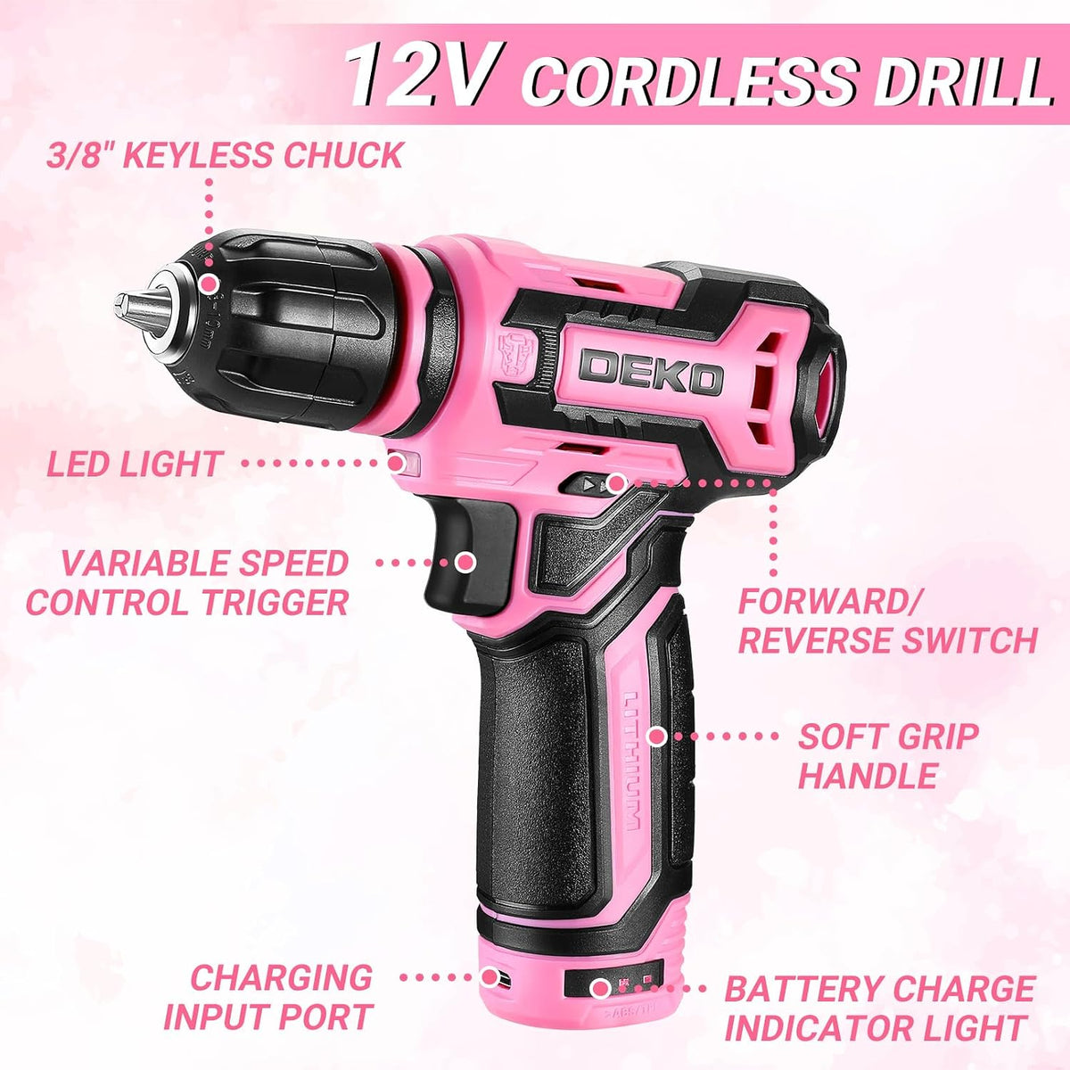 Pink Tool Kit Box Drill Set： Home Mechanic Toolbox with 12V Power Cordless Drill Hand Repair Tools Sets Combo Kits Storage Organizer Drawer Case for Men & Women
