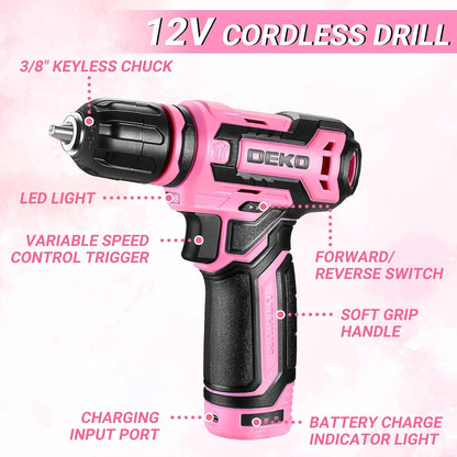 Pink Tool Kit Box Drill Set： Home Mechanic Toolbox with 12V Power Cordless Drill Hand Repair Tools Sets Combo Kits Storage Organizer Drawer Case for Men & Women
