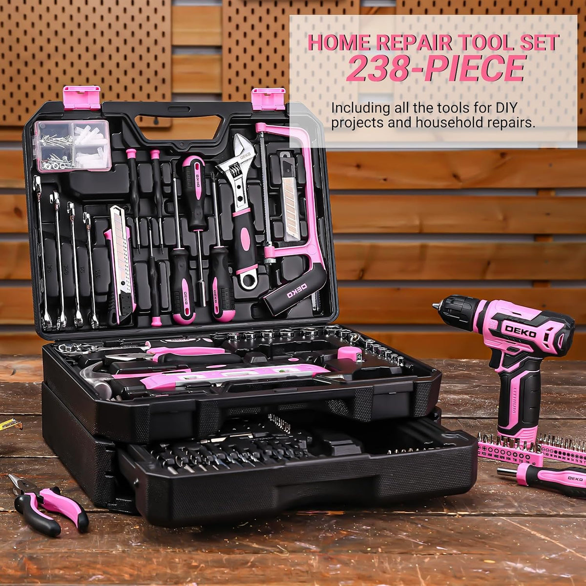 Pink Tool Kit Box Drill Set： Home Mechanic Toolbox with 12V Power Cordless Drill Hand Repair Tools Sets Combo Kits Storage Organizer Drawer Case for Men & Women