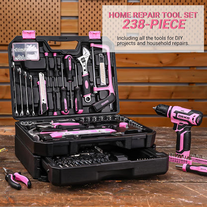 Pink Tool Kit Box Drill Set： Home Mechanic Toolbox with 12V Power Cordless Drill Hand Repair Tools Sets Combo Kits Storage Organizer Drawer Case for Men & Women