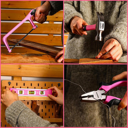 Pink Tool Kit Box Drill Set： Home Mechanic Toolbox with 12V Power Cordless Drill Hand Repair Tools Sets Combo Kits Storage Organizer Drawer Case for Men & Women