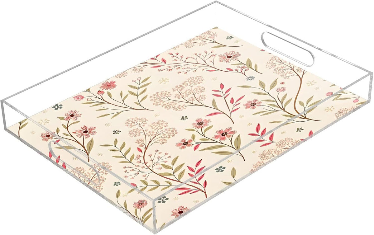 Elegant Floral Pink Serving Tray 12" x 16" Acrylic Trays with Handles Decorative Serving Platter for Coffee, Breakfast in Bed, Dinner, Appetizers, Patio, Party