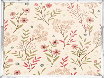 Elegant Floral Pink Serving Tray 12" x 16" Acrylic Trays with Handles Decorative Serving Platter for Coffee, Breakfast in Bed, Dinner, Appetizers, Patio, Party
