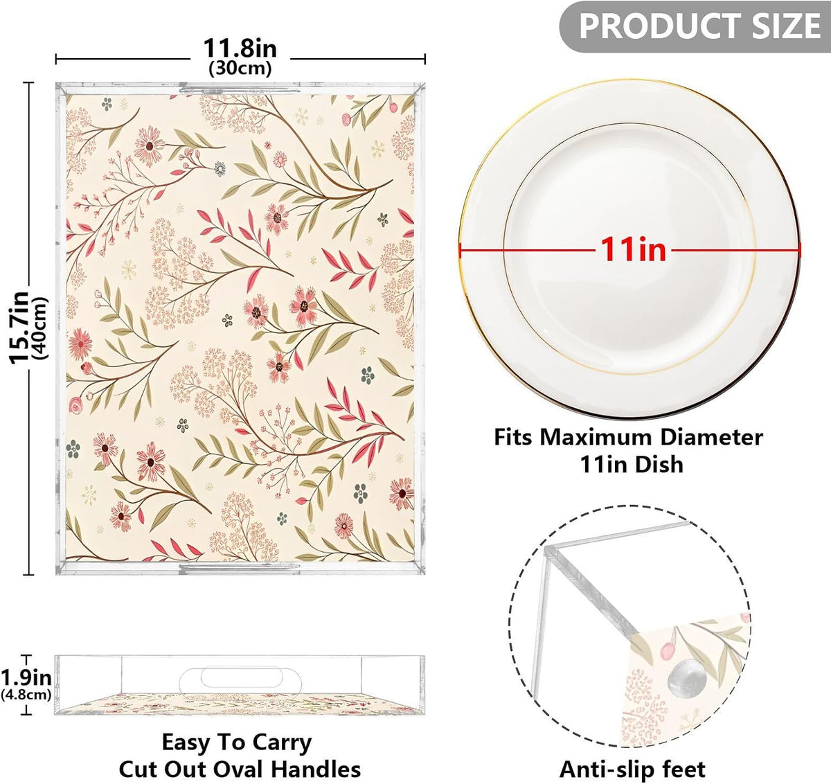 Elegant Floral Pink Serving Tray 12" x 16" Acrylic Trays with Handles Decorative Serving Platter for Coffee, Breakfast in Bed, Dinner, Appetizers, Patio, Party
