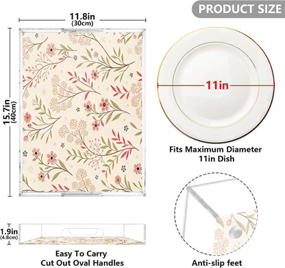 Elegant Floral Pink Serving Tray 12" x 16" Acrylic Trays with Handles Decorative Serving Platter for Coffee, Breakfast in Bed, Dinner, Appetizers, Patio, Party