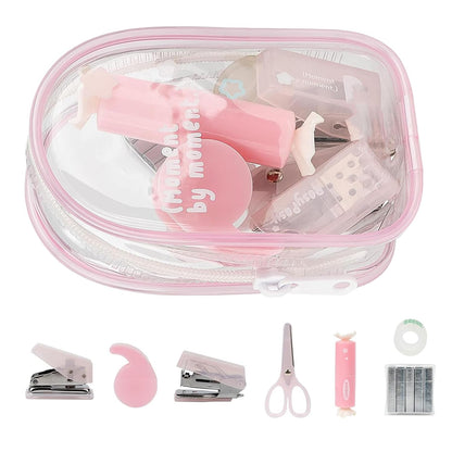 7Pack Mini Office Supply Kit Mini School Supplies Kit with Cute Case Scissors Hole Punch Highlighter Stapler with Staples and Staple Remover for Students (Pink)
