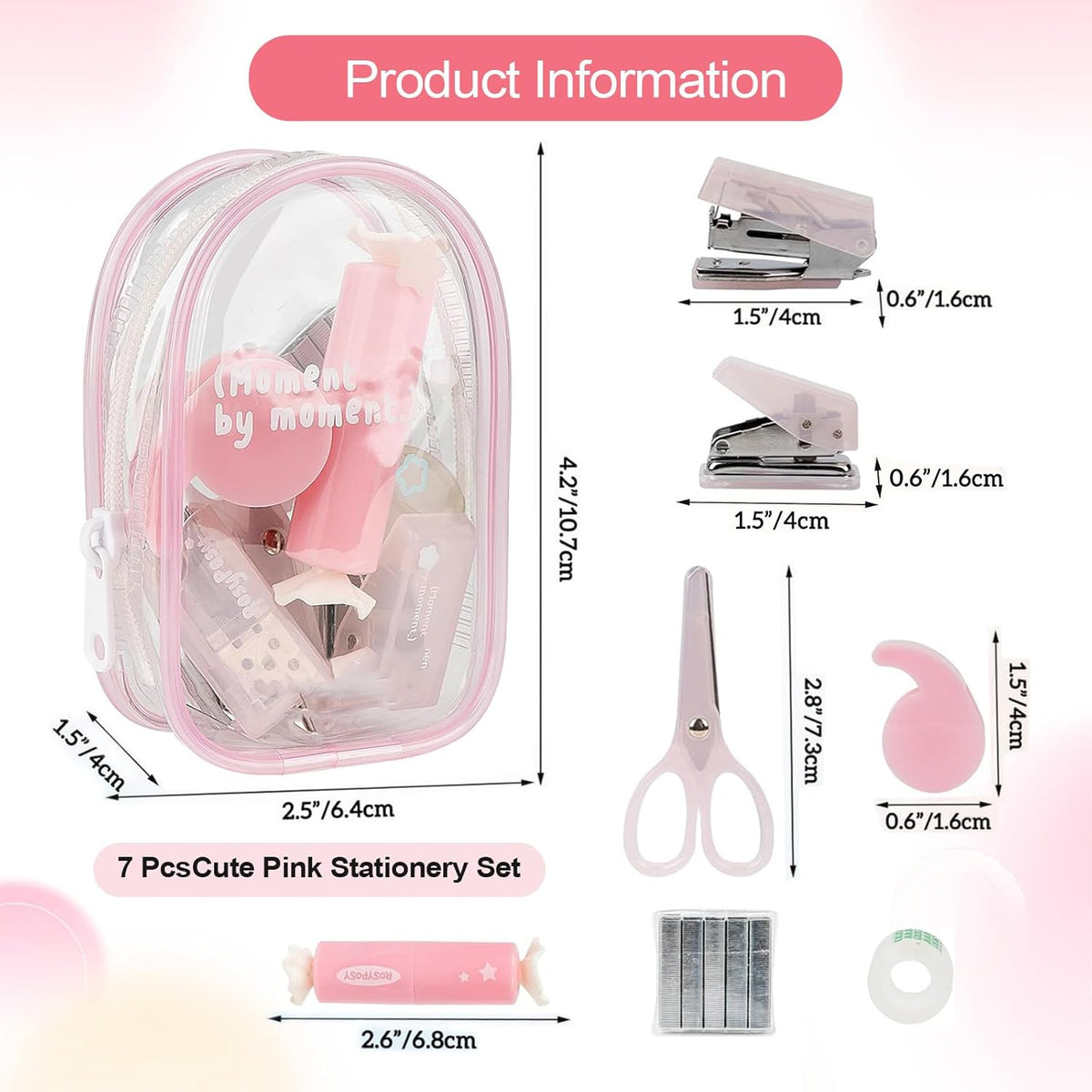 7Pack Mini Office Supply Kit Mini School Supplies Kit with Cute Case Scissors Hole Punch Highlighter Stapler with Staples and Staple Remover for Students (Pink)