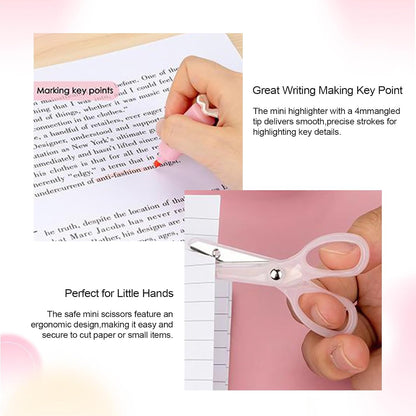 7Pack Mini Office Supply Kit Mini School Supplies Kit with Cute Case Scissors Hole Punch Highlighter Stapler with Staples and Staple Remover for Students (Pink)