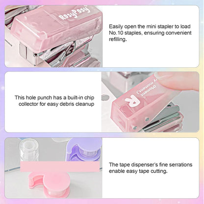 7Pack Mini Office Supply Kit Mini School Supplies Kit with Cute Case Scissors Hole Punch Highlighter Stapler with Staples and Staple Remover for Students (Pink)