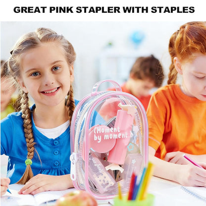 7Pack Mini Office Supply Kit Mini School Supplies Kit with Cute Case Scissors Hole Punch Highlighter Stapler with Staples and Staple Remover for Students (Pink)