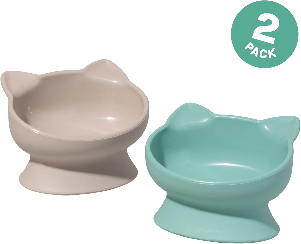 Elevated Cat Bowls (Set of 2), Whisker-Friendly Raised Cat Food & Water Dishes, Modern Pedestal Design, Dishwasher Safe, 6.5 oz Each – Pink & Teal