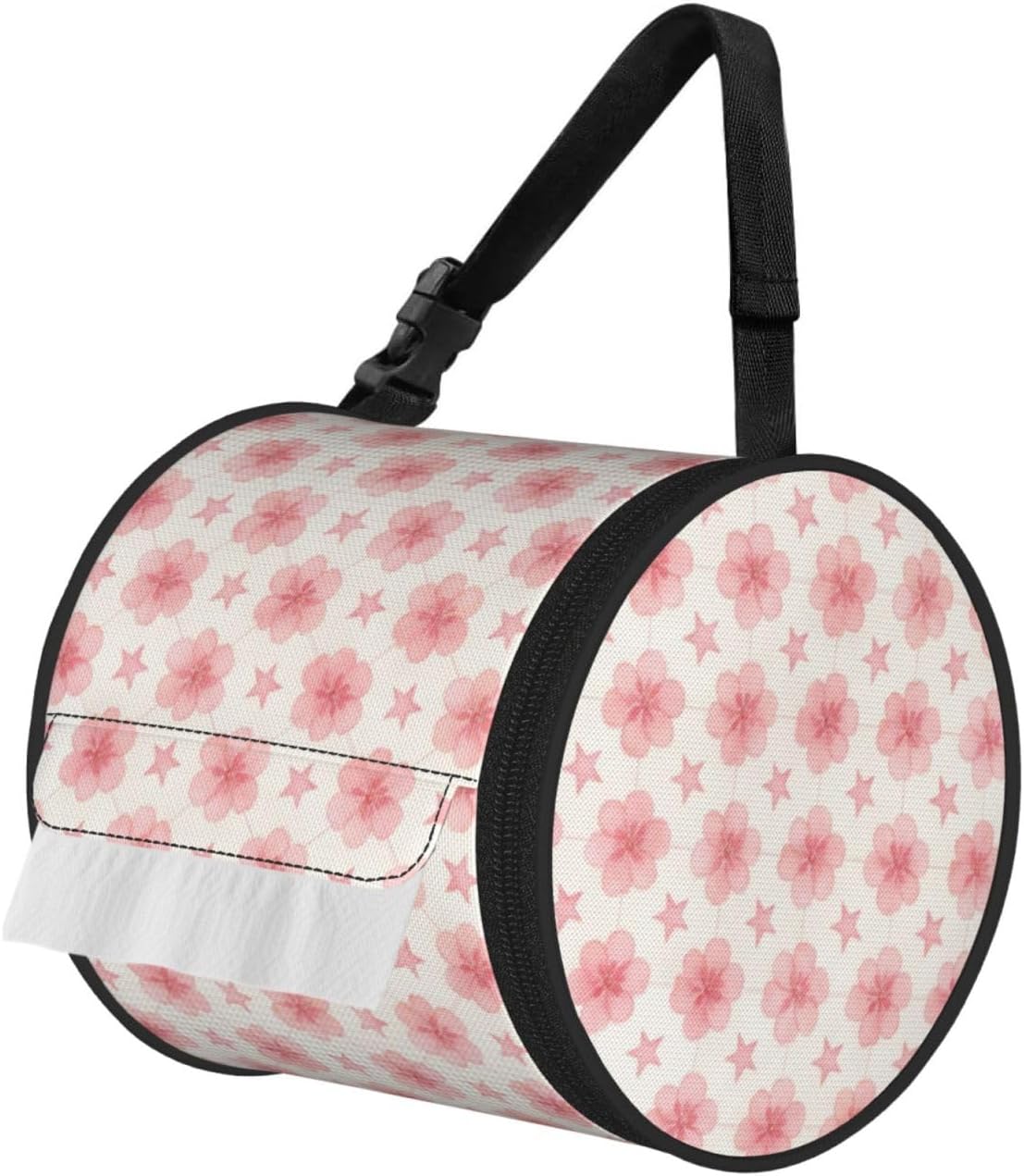 Round Tissue Holder Bag Car Hanging Tissue Boxes Cover with Adjustable Strap Foldable Roll Storage Bags with Zipper Tissues Case Organizer for Home Decor Toilet Office(Pink Flowers)