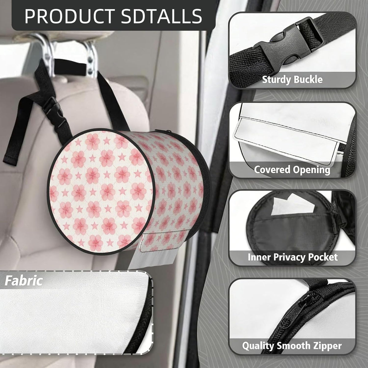 Round Tissue Holder Bag Car Hanging Tissue Boxes Cover with Adjustable Strap Foldable Roll Storage Bags with Zipper Tissues Case Organizer for Home Decor Toilet Office(Pink Flowers)