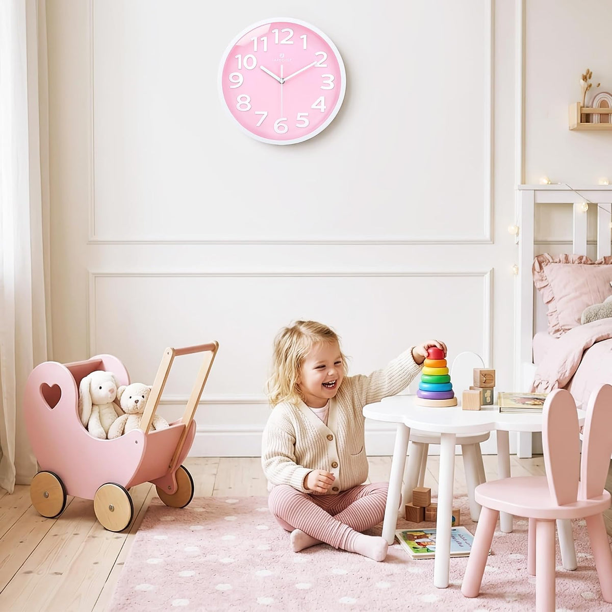 Lafocuse 12 Inch Modern Analog Light Pink Wall Clock for Girls Bedroom