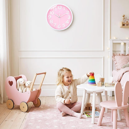 Lafocuse 12 Inch Modern Analog Light Pink Wall Clock for Girls Bedroom