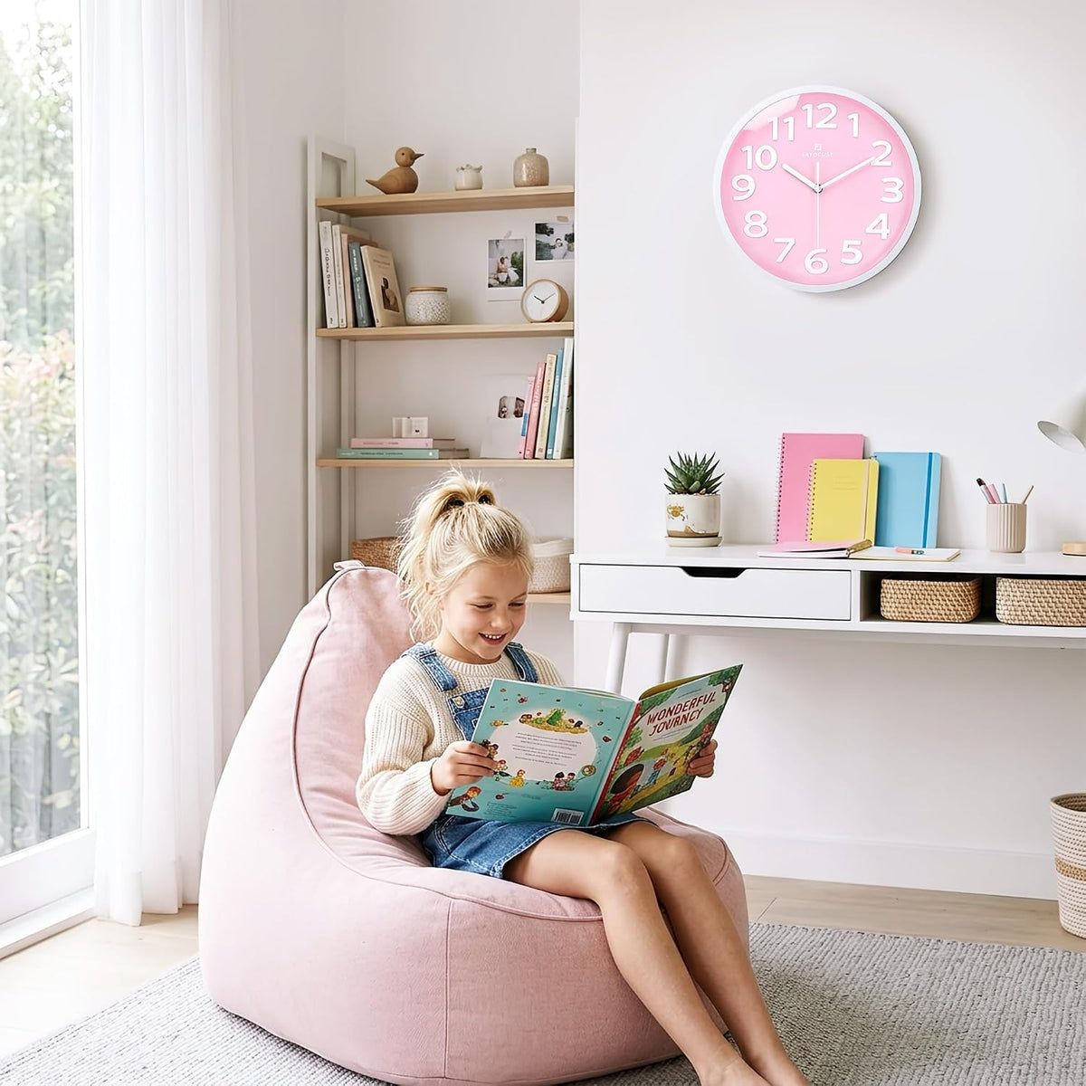 Lafocuse 12 Inch Modern Analog Light Pink Wall Clock for Girls Bedroom