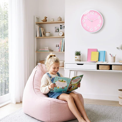 Lafocuse 12 Inch Modern Analog Light Pink Wall Clock for Girls Bedroom