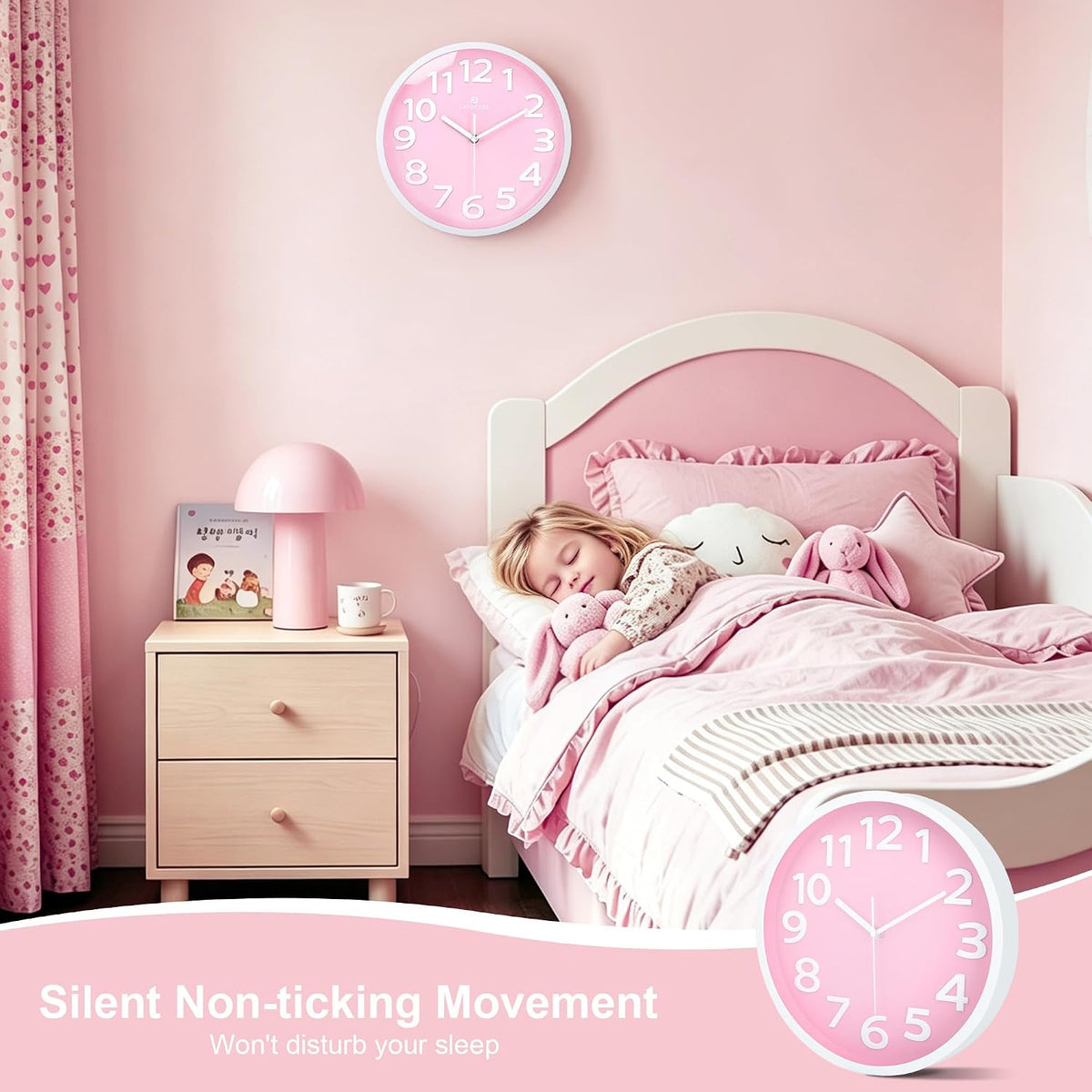 Lafocuse 12 Inch Modern Analog Light Pink Wall Clock for Girls Bedroom