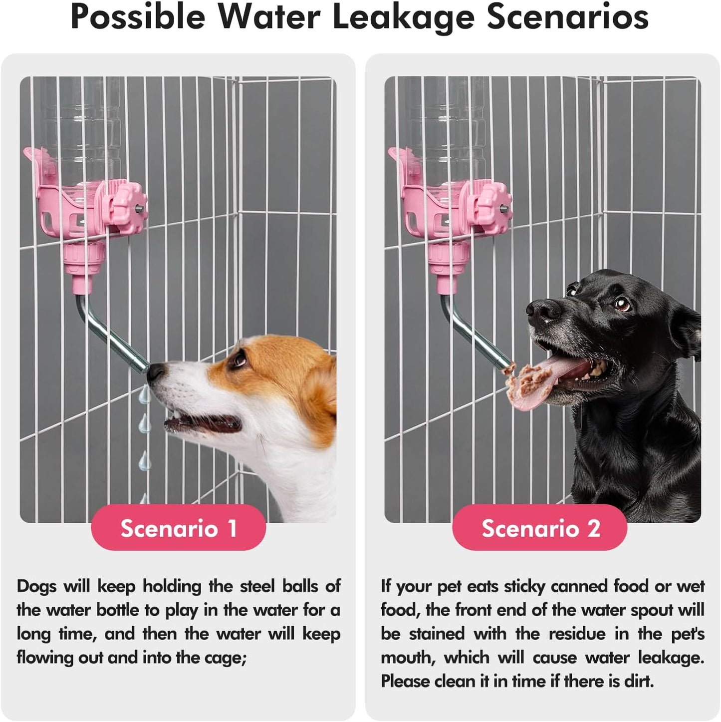 Vannon Dog Water Dispenser for Cage, 34oz Auto Feeding Crate Water Bottle for Dogs, Cats & Rabbits, Pet Nozzle Diameter: 12mm, BPA Free, Pink