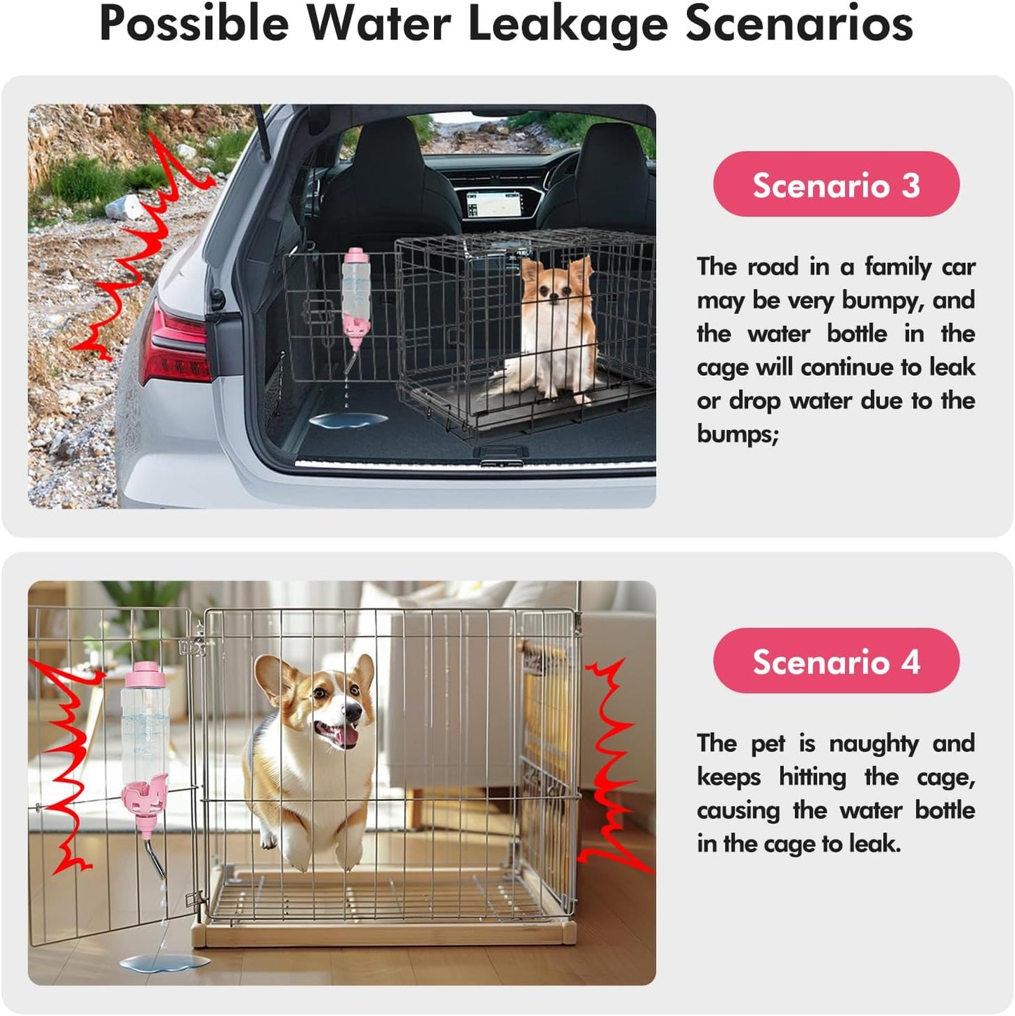 Vannon Dog Water Dispenser for Cage, 34oz Auto Feeding Crate Water Bottle for Dogs, Cats & Rabbits, Pet Nozzle Diameter: 12mm, BPA Free, Pink